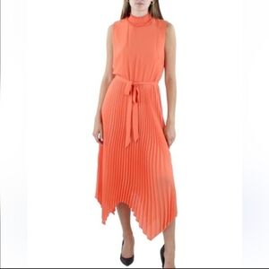 Nanette Lepore Sleeveless Pleated Mock Neck Midi Dress Tie Waist Coral Size 2